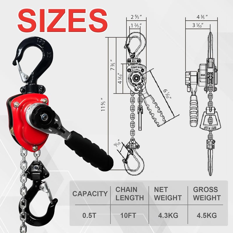 FITHOIST Heavy-Duty Manual Lever Chain Hoist Come Along 1/2 Ton 1100LBS 10FT Lift, Enhanced Pawl Brake Industrial G80 Alloy Steel w/ 360° Hooks for Construction Logging Garage Warehouse, Red - Image 2